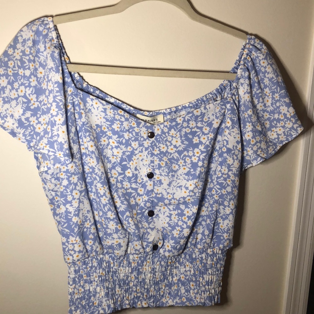 Blue, White and Yellow buttoned crop top